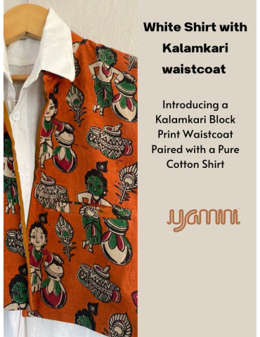 Handloom Pure Cotton Boys Shirt with Kalamkari Waistcoat
