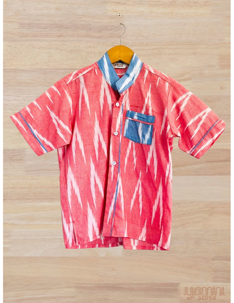 Ikat Designer Boys Shirt Peach Blue
