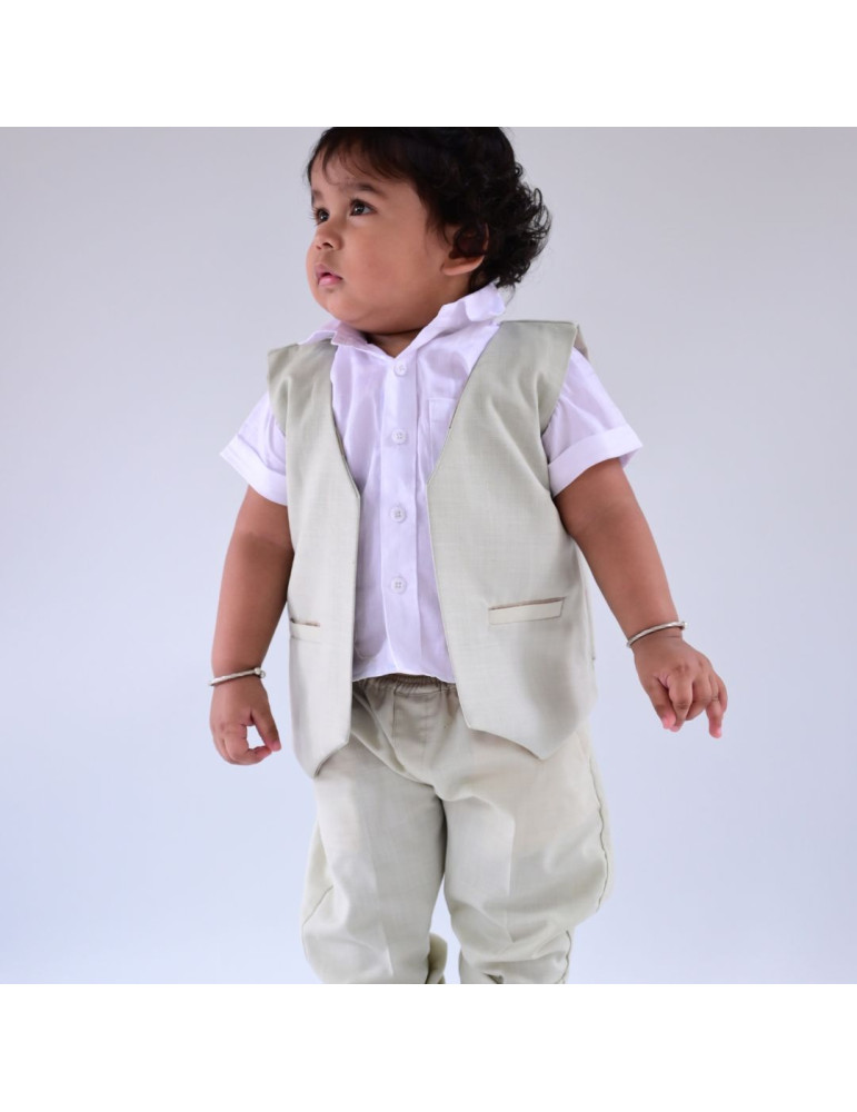 Baby Pure Handloom Cotton Garlic Color Sleeveless Jacket Pant White Half Shirt Set