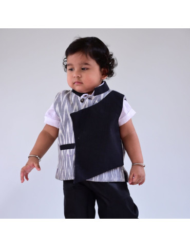 Baby Pure Ikat Handloom Cotton Black Grey Color Sleeveless Designer Jacket Pant White Half Shirt Set