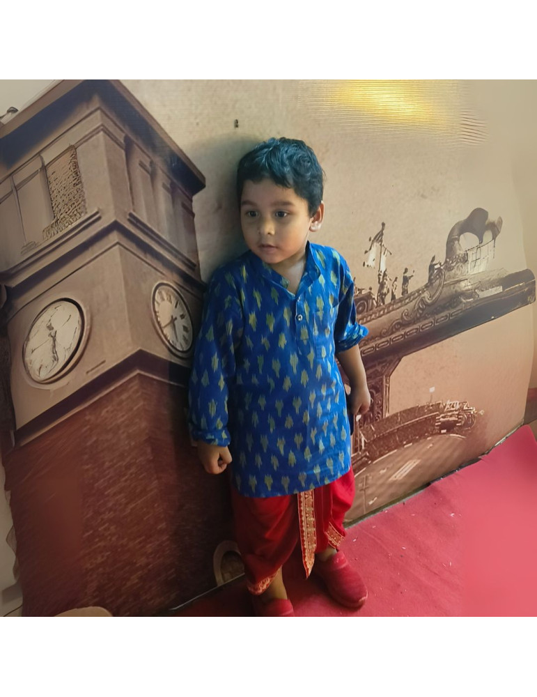 Katha Stitched Blue Kurta Boy with Red Dhoti thick bordered lace