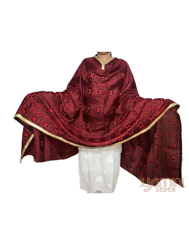 Heavy Embrodoried Phulkari Chinon Dupatta Red Black