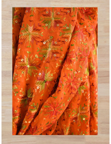 Phulkari Chiffon Dupatta With Multicolour Embroidery On Orange Base