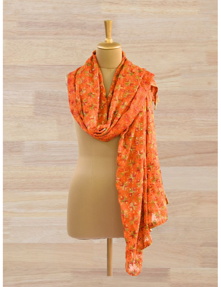 Phulkari Chiffon Dupatta With Multicolour Embroidery On Orange Base