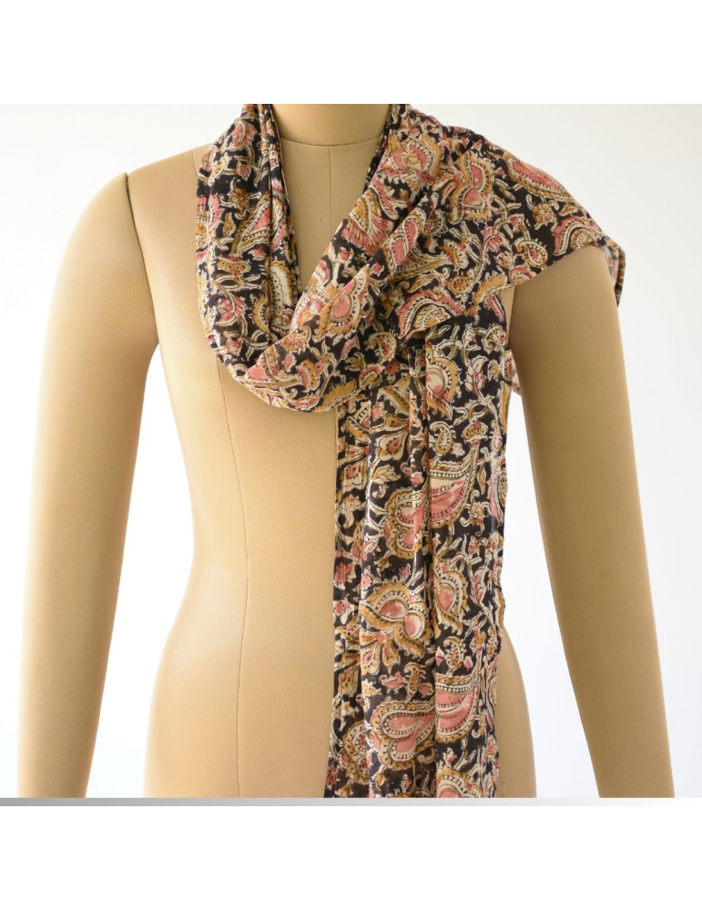 Kalamkari Stole Floral Pattern Black Peach Brown 