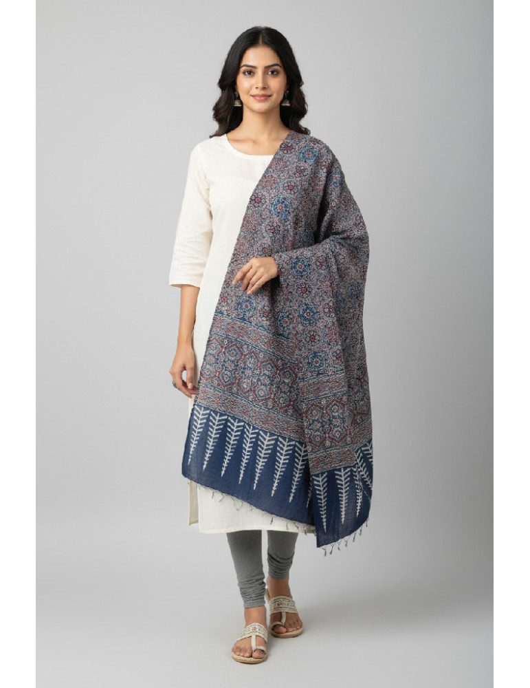 Yamini Ajrakh Dupatta Floral Print Blue Handmade