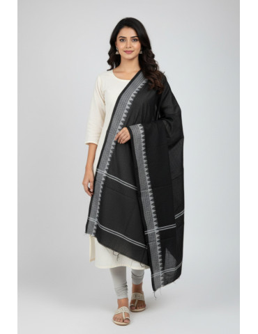 Sambalpuri Dupatta Light Grey Border with Plain Black Body