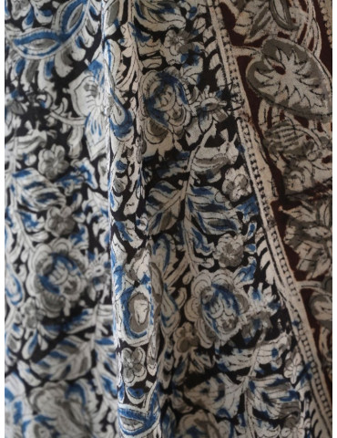Kalamkari Dupatta Floral Print Black Brown Blue