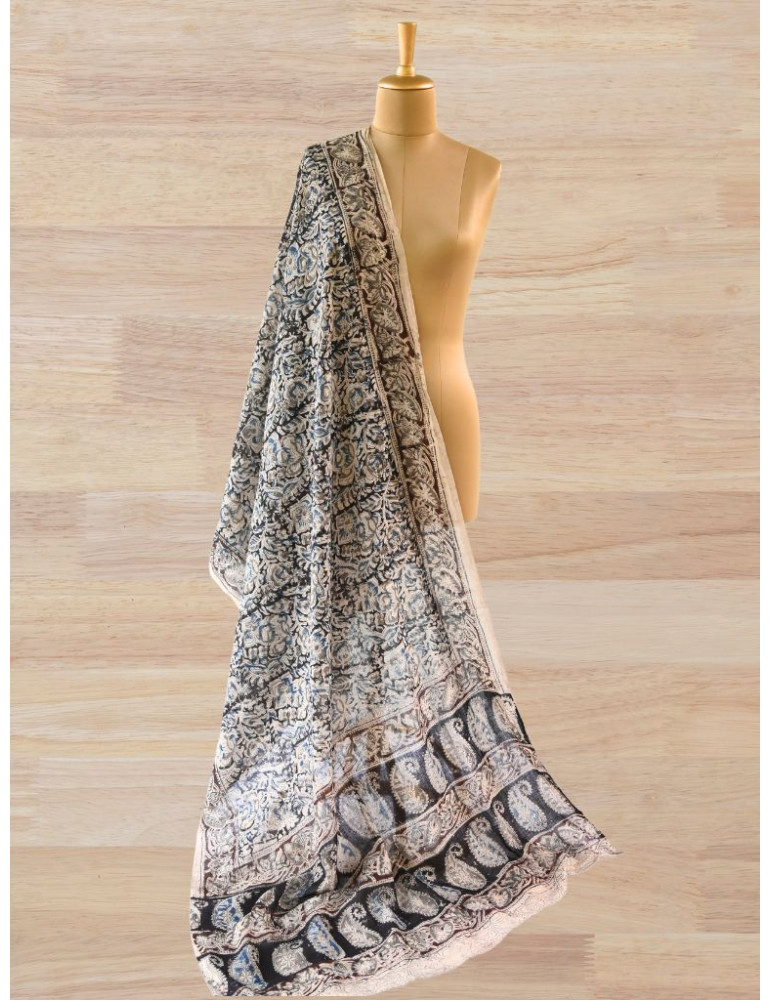 Kalamkari Dupatta Floral Print Black Brown Blue