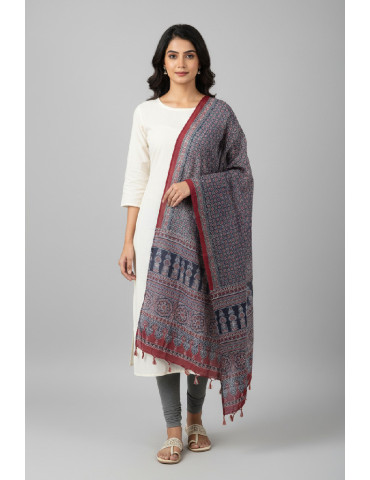 Yamini Blue Maroon Black Shade Ajrakh Handcrafted Cotton Dupatta
