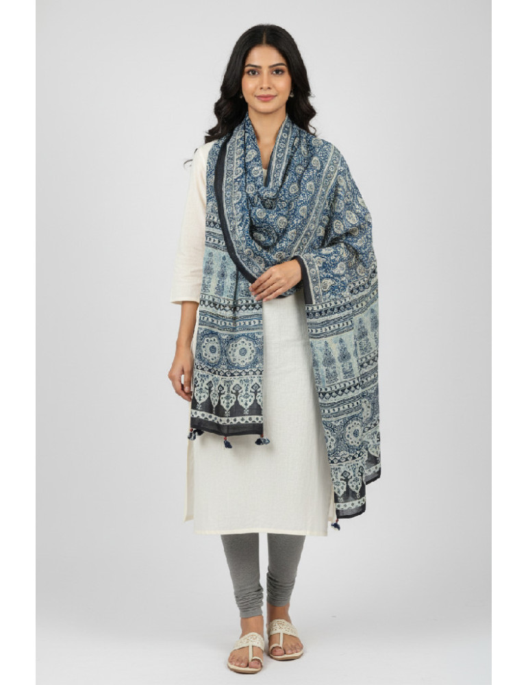 Yamini Sky Blue Black Shade Ajrakh Handcrafted Cotton Dupatta