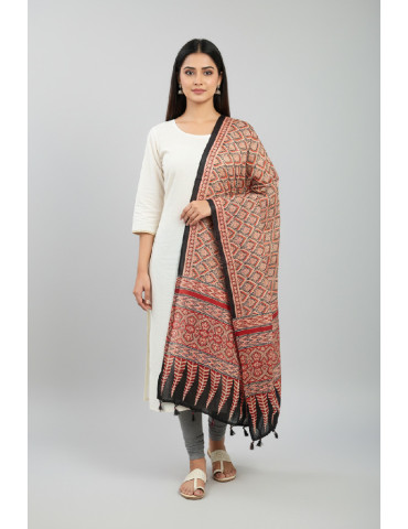 Yamini Black Peach Maroon Shade Ajrakh Handcrafted Cotton Dupatta