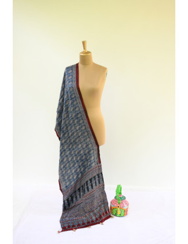 Yamini Blue Maroon Black Shade Small Design Ajrakh Handcrafted Cotton Dupatta