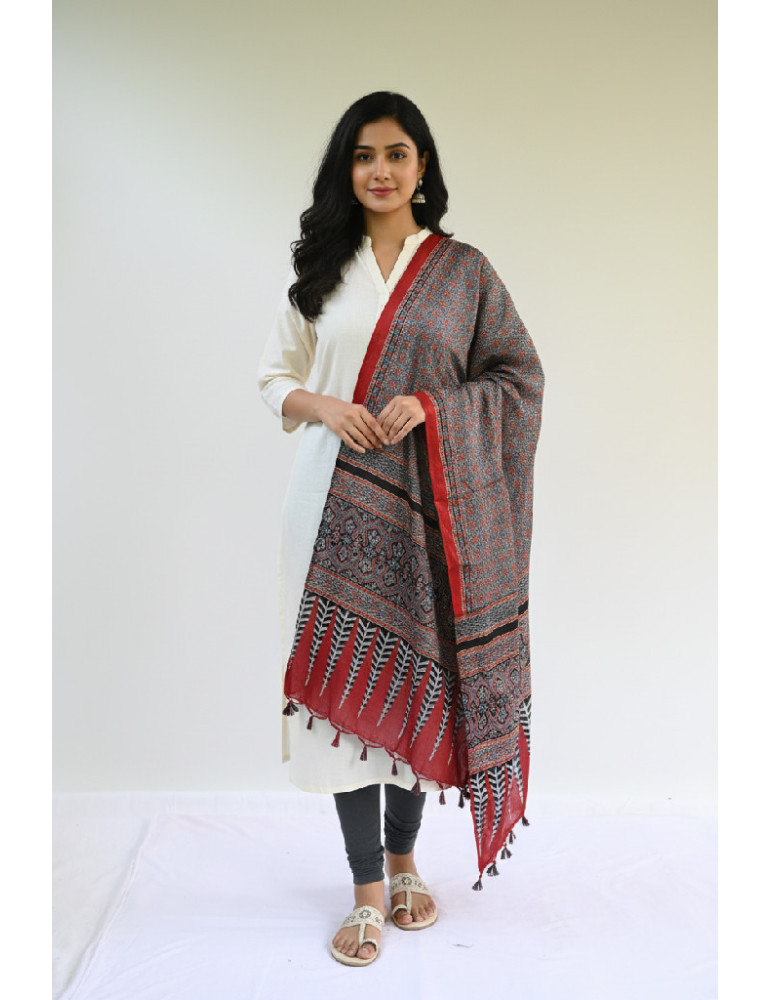 Yamini Red Black Shade Ajrakh Handcrafted Cotton Dupatta