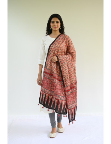 Yamini Black Peach Red Shade Ajrakh Handcrafted Cotton Dupatta