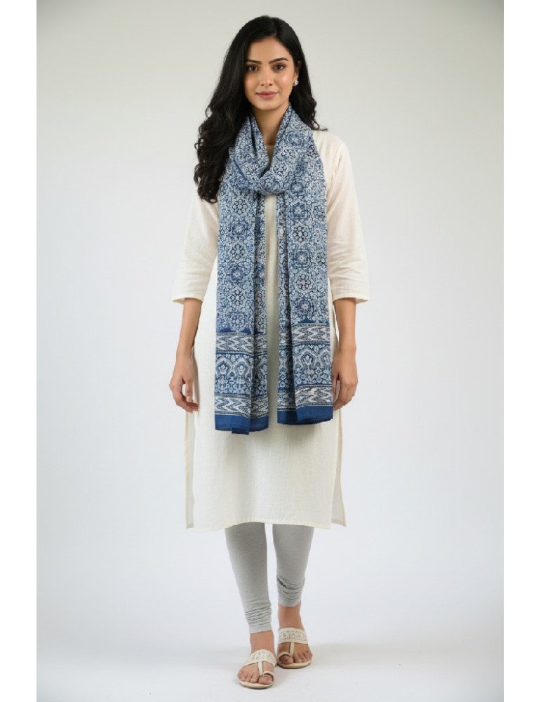 Yamini Indigo Sky Blue Shade Ajrakh Handcrafted Cotton Dupatta