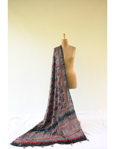 Yamini Black With Light Blue Border Red Flower Shade Ajrakh Handcrafted Cotton Dupatta