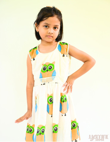 Beach Frock (Hand Block Print) Big Owl on White Base
