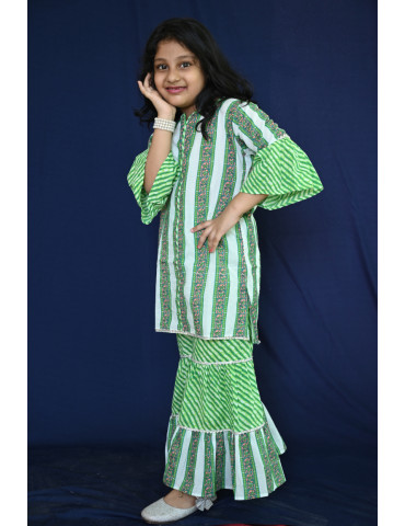 Gharara kurta with salwar (Green Block Print)