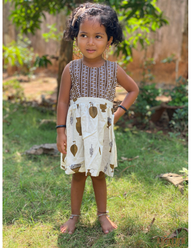 Short frock Khadi Cotton (Hand Block Print) Brown Color