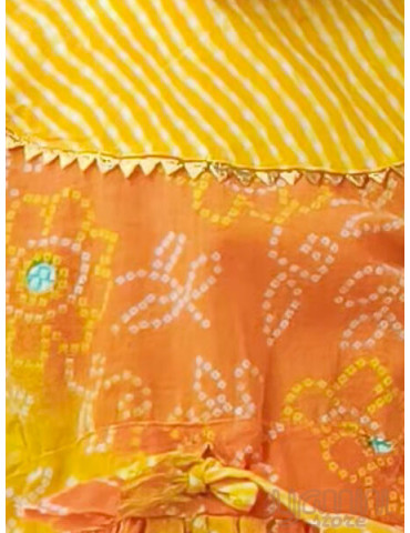Flared kurta with salwar (Orange Yellow Bandhani Lehariya Gotapati lace work)