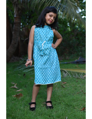 Plain Lace Tie (Katha Stitch) Frock Lite Blue