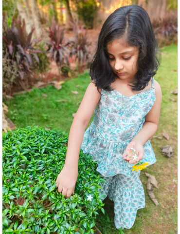 Floral Gharara Set (Block Print) Blue Grey with White background color
