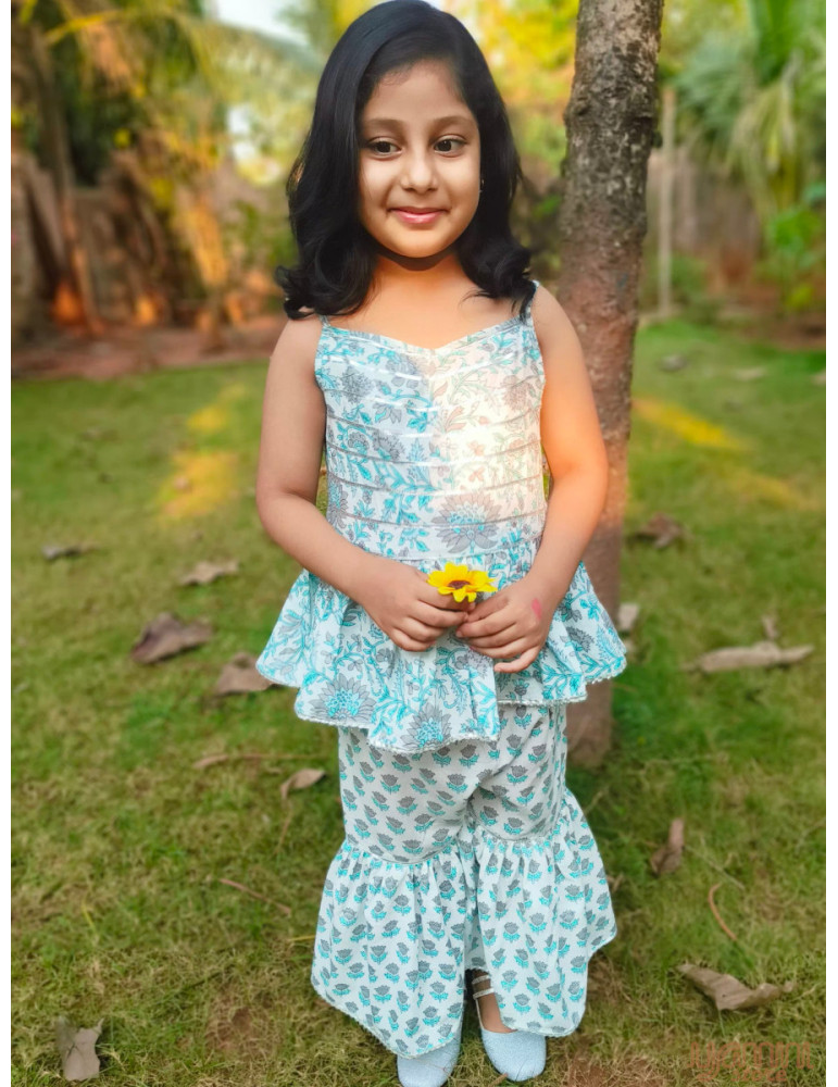 Floral Gharara Set (Block Print) Blue Grey with White background color