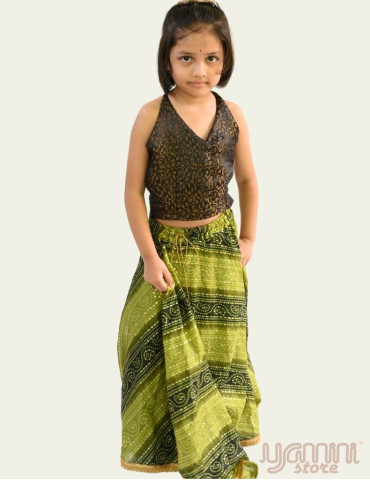 Girl Bandani Print Lehenga Choli with Dupatta (Set of 3) - Green Black 
