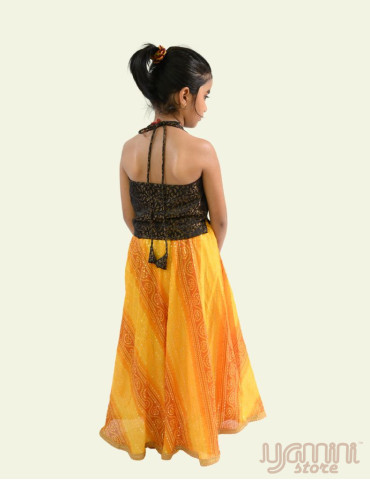 Bandheni Lehnga with top Black Gold Yellow and Orange