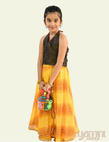 Bandheni Lehnga with top Black Gold Yellow and Orange
