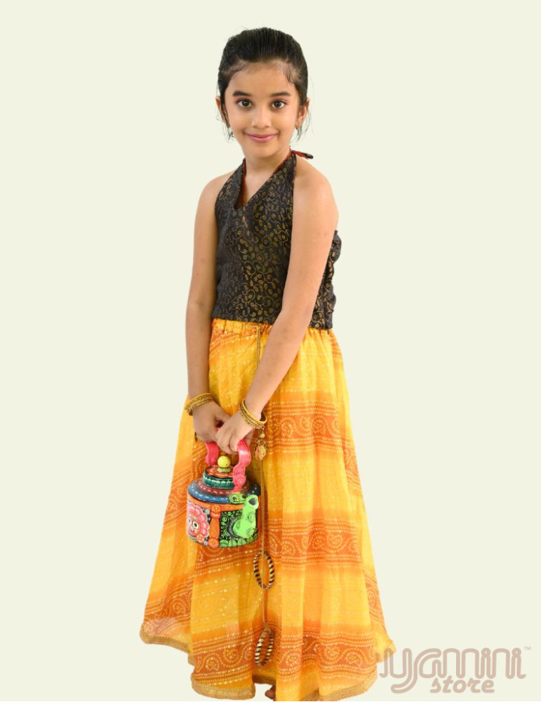 Bandheni Lehnga with top Black Gold Yellow and Orange