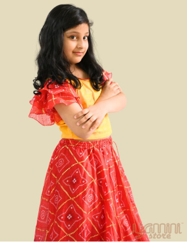 Girl Bandani Print Lehenga Choli with Dupatta (Set of 3) - Yellow Red