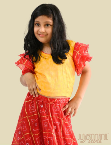 Girl Bandani Print Lehenga Choli with Dupatta (Set of 3) - Yellow Red