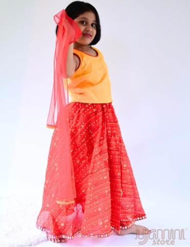 YAMINI Girl Bandhani Lengha Choli Set (Set of 3) Red Orange Yellow Color
