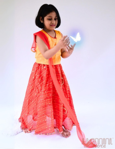 YAMINI Girl Bandhani Lengha Choli Set (Set of 3) Red Orange Yellow Color