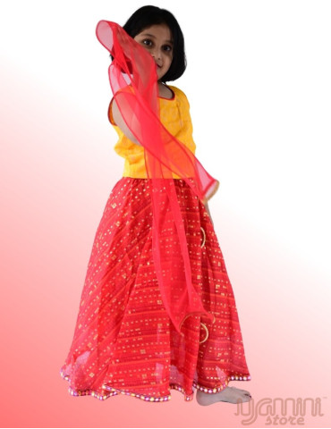 YAMINI Girl Bandhani Lengha Choli Set (Set of 3) Red Orange Yellow Color