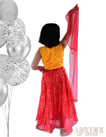 YAMINI Girl Bandhani Lengha Choli Set (Set of 3) Red Orange Yellow Color