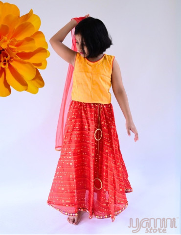 YAMINI Girl Bandhani Lengha Choli Set (Set of 3) Red Orange Yellow Color