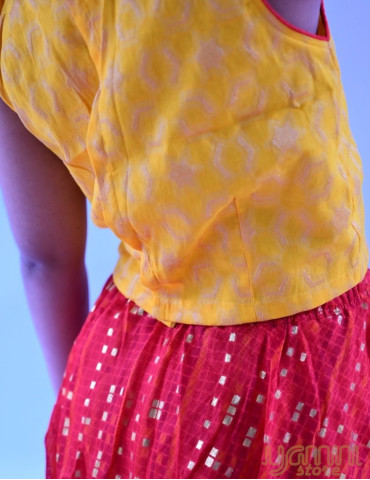 YAMINI Girl Bandhani Lengha Choli Set (Set of 3) Red Orange Yellow Color