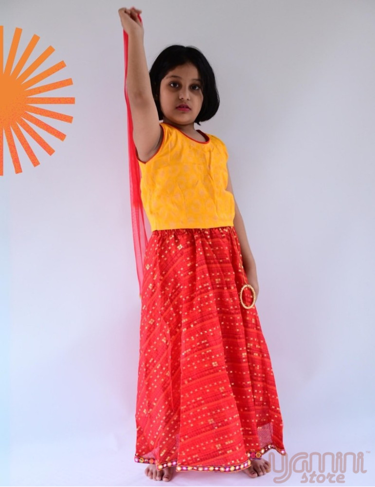YAMINI Girl Bandhani Lengha Choli Set (Set of 3) Red Orange Yellow Color