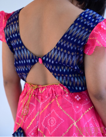 YAMINI Girl Bandhani Lengha Choli Set (Set of 3) Pink Blue Color