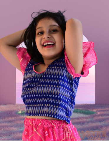 YAMINI Girl Bandhani Lengha Choli Set (Set of 3) Pink Blue Color