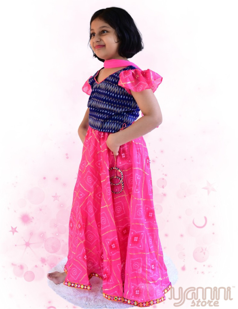 YAMINI Girl Bandhani Lengha Choli Set (Set of 3) Pink Blue Color