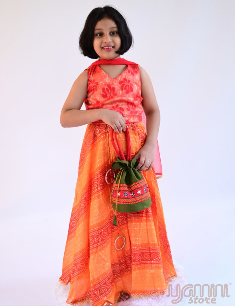 YAMINI Girl Bandhani Lengha Choli Set (Set of 3) Orange Red Color