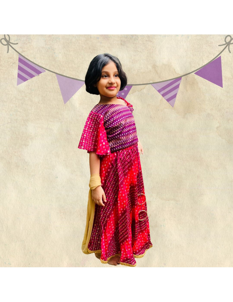 Girls Bandhani Purple and Pink Lehenga Choli (Set of 3)