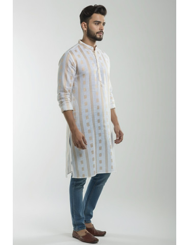 South Cotton Zari Mens Kurta White