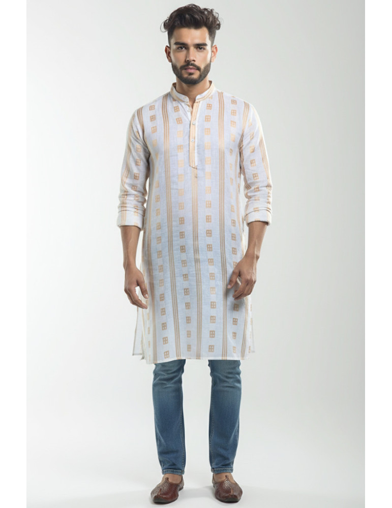 South Cotton Zari Mens Kurta White