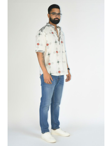 Ikkat Handloom Sambalpuri Print Grey White Cotton Mens Shirt