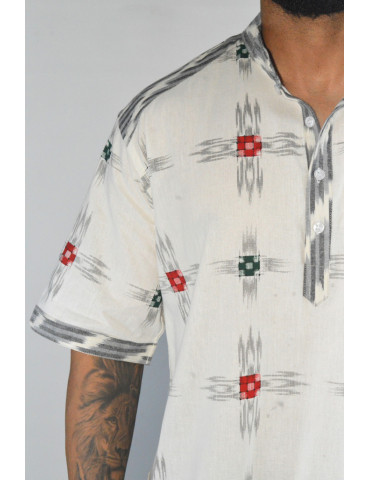 Ikkat Handloom Sambalpuri Print Grey White Cotton Mens Shirt